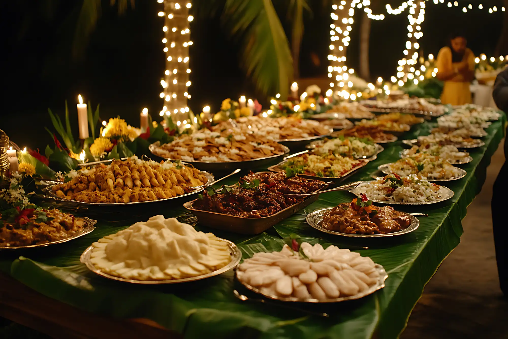 Grand Indian wedding buffet with dishes laid out along tables under string lights